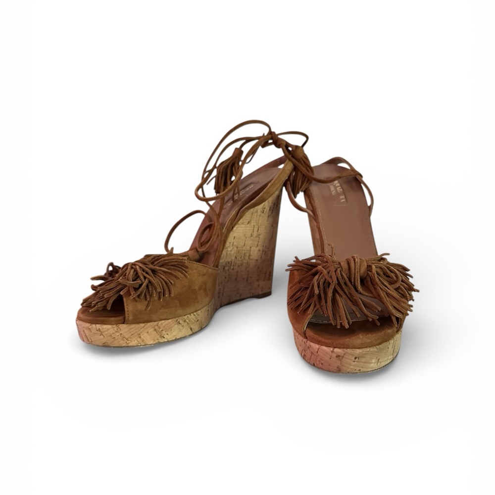 Aquazzura Brown Wedge Sandals with Fringe